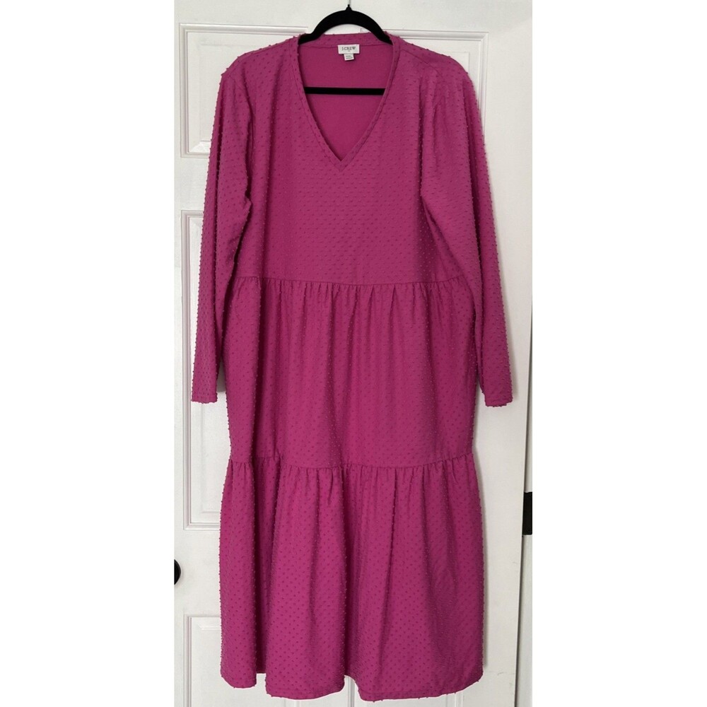 J Crew Midi Dress XXL Pink Tiered Swiss Dot Preppy Cottage Core Lightweight